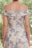 Dusty Blue Off the Shoulder Floral A Line Asymmetrical Mother of the Bride Dress