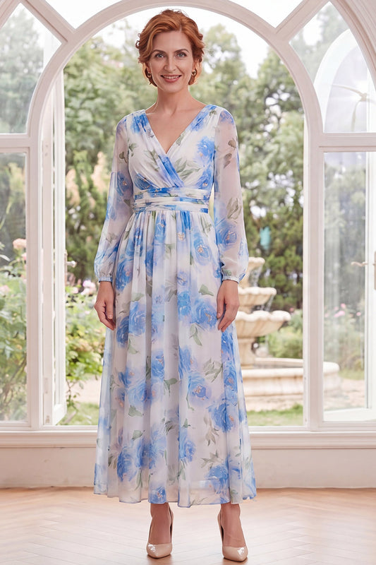 Ruched White Blue Flower A Line Long V-Neck Mother of the Bride Dress