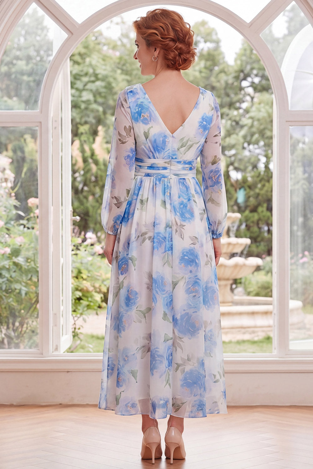 Ruched White Blue Flower A Line Long V-Neck Mother of the Bride Dress