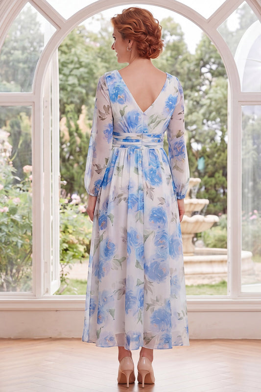 Ruched White Blue Flower A Line Long V-Neck Mother of the Bride Dress