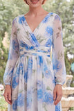 Ruched White Blue Flower A Line Long V-Neck Mother of the Bride Dress
