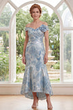 Blue Floral Off the Shoulder Mermaid Ruched Long Mother of the Bride Dress
