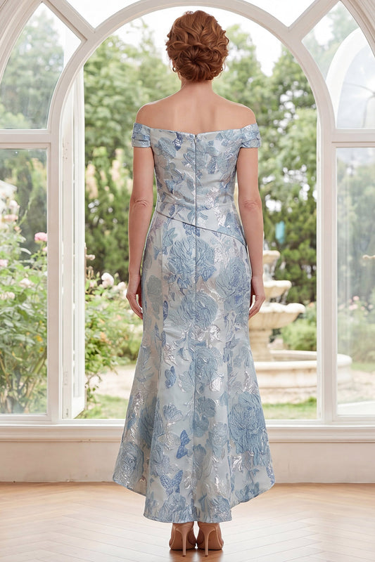 Blue Floral Off the Shoulder Mermaid Ruched Long Mother of the Bride Dress