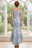 Blue Floral Off the Shoulder Mermaid Ruched Long Mother of the Bride Dress