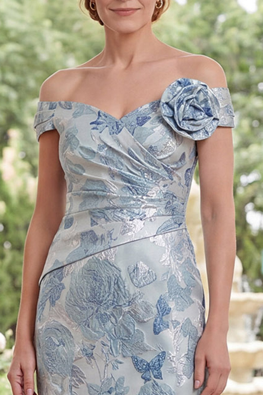 Blue Floral Off the Shoulder Mermaid Ruched Long Mother of the Bride Dress