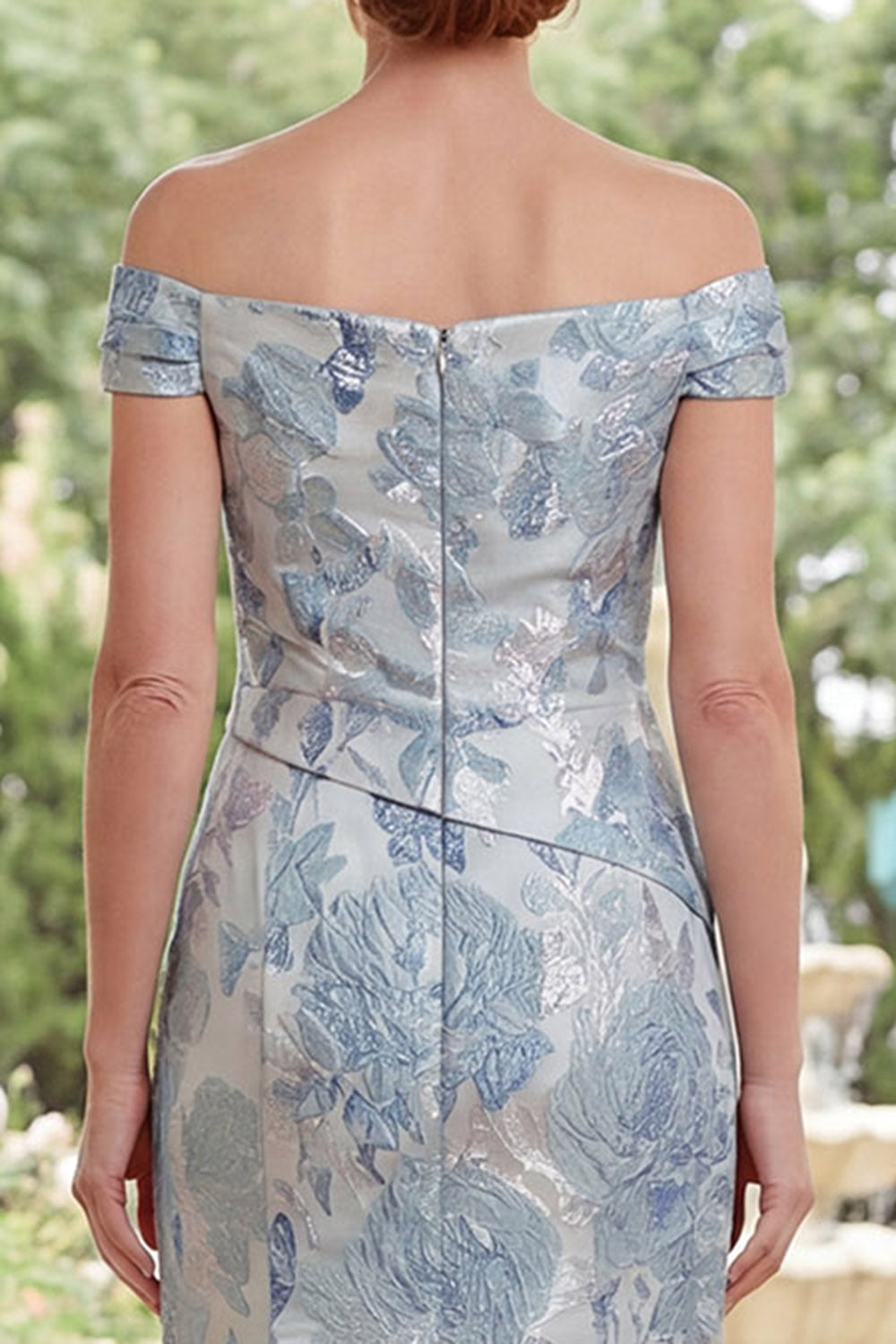 Blue Floral Off the Shoulder Mermaid Ruched Long Mother of the Bride Dress