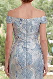 Blue Floral Off the Shoulder Mermaid Ruched Long Mother of the Bride Dress