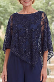 Beaded Long Sparkly Navy Mother of the Bride Jumpsuits with Cape