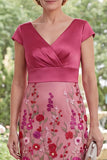 Fuchsia V-Neck Floral Mermaid Ruched Long Mother of the Bride Dress