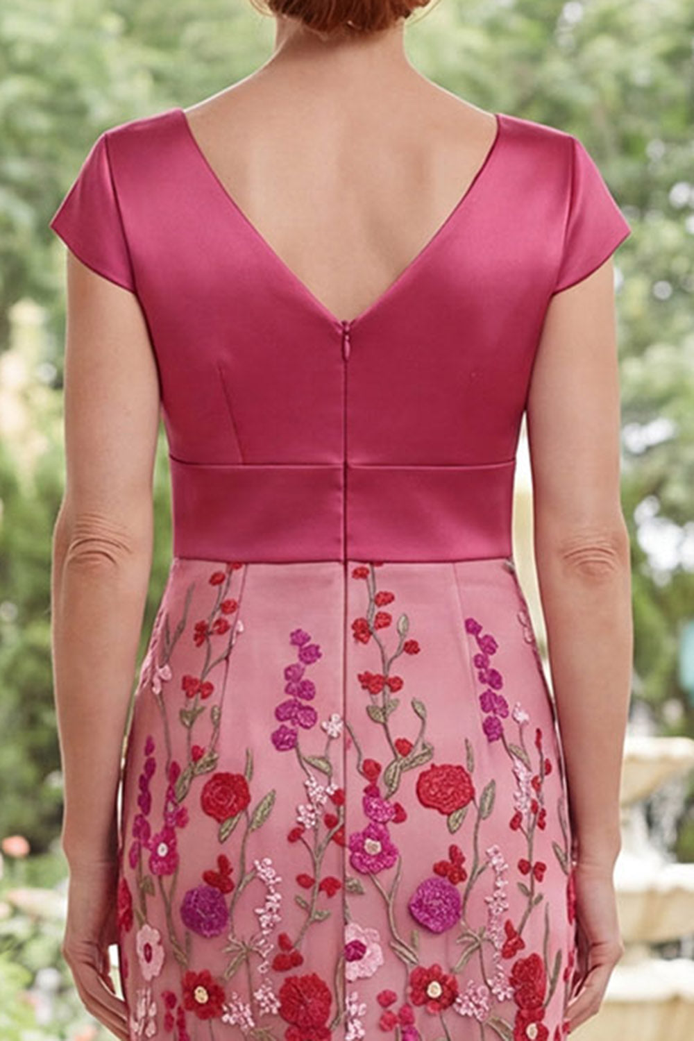 Fuchsia V-Neck Floral Mermaid Ruched Long Mother of the Bride Dress