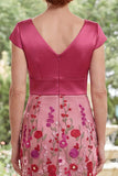 Fuchsia V-Neck Floral Mermaid Ruched Long Mother of the Bride Dress