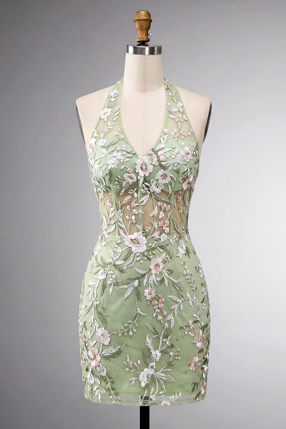 Sage Green Floral Tight Short Corset Halter Homecoming Dress