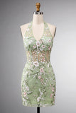 Sage Green Floral Tight Short Corset Halter Homecoming Dress