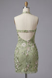 Sage Green Floral Tight Short Corset Halter Homecoming Dress