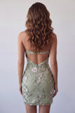 Sage Green Floral Tight Short Corset Halter Homecoming Dress