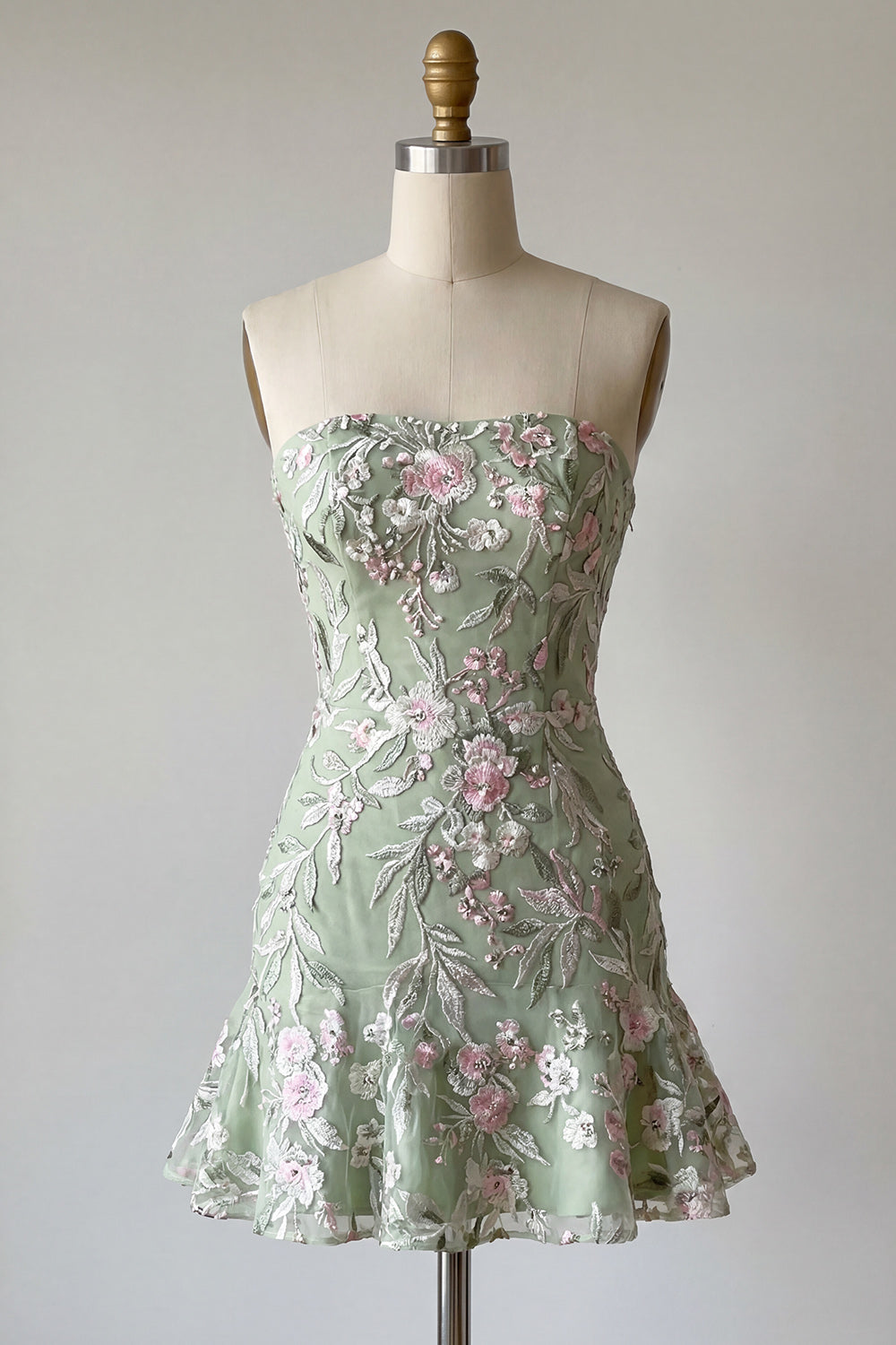 Sage Green Floral Short Strapless Homecoming Dress with Ruffles