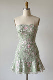 Sage Green Floral Short Strapless Homecoming Dress with Ruffles