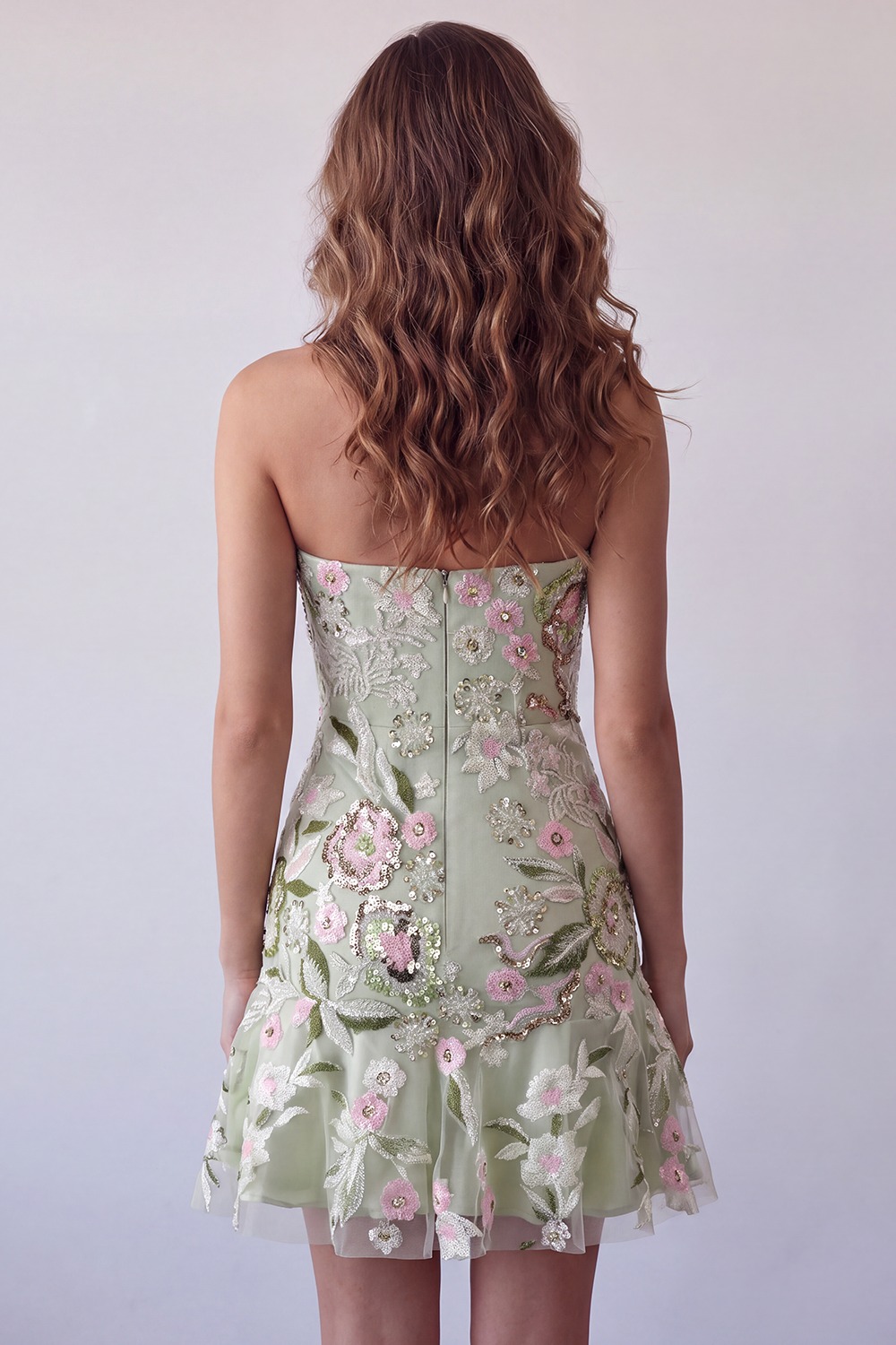Sage Green Floral Short Strapless Homecoming Dress with Ruffles