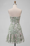 Sage Green Floral Short Strapless Homecoming Dress with Ruffles