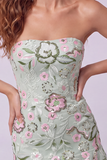 Sage Green Floral Short Strapless Homecoming Dress with Ruffles