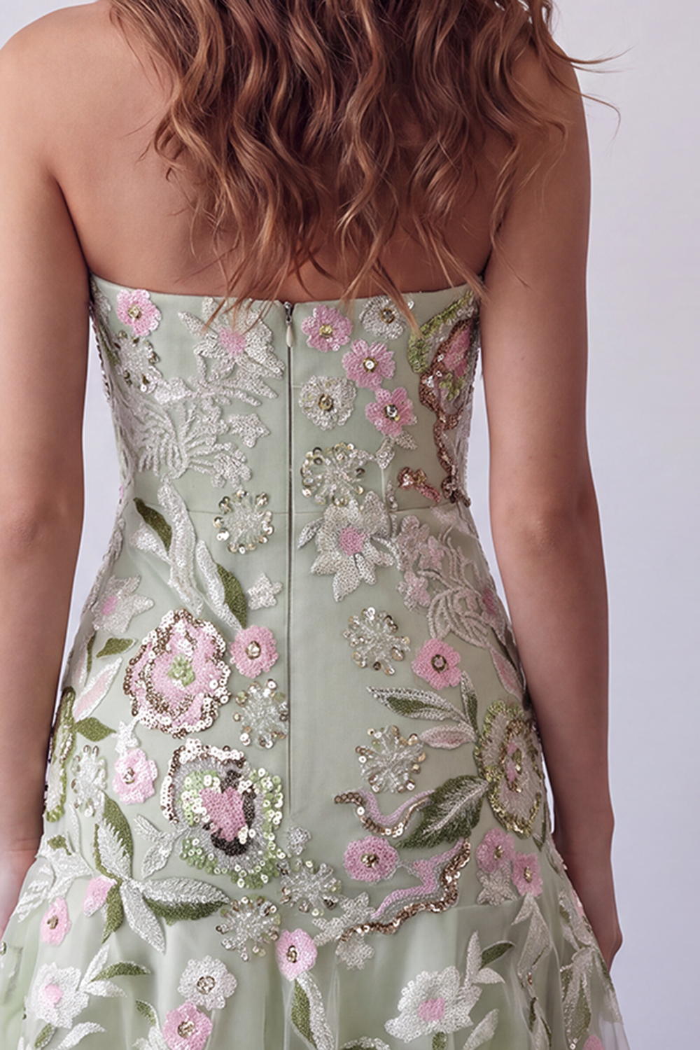 Sage Green Floral Short Strapless Homecoming Dress with Ruffles