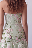 Sage Green Floral Short Strapless Homecoming Dress with Ruffles
