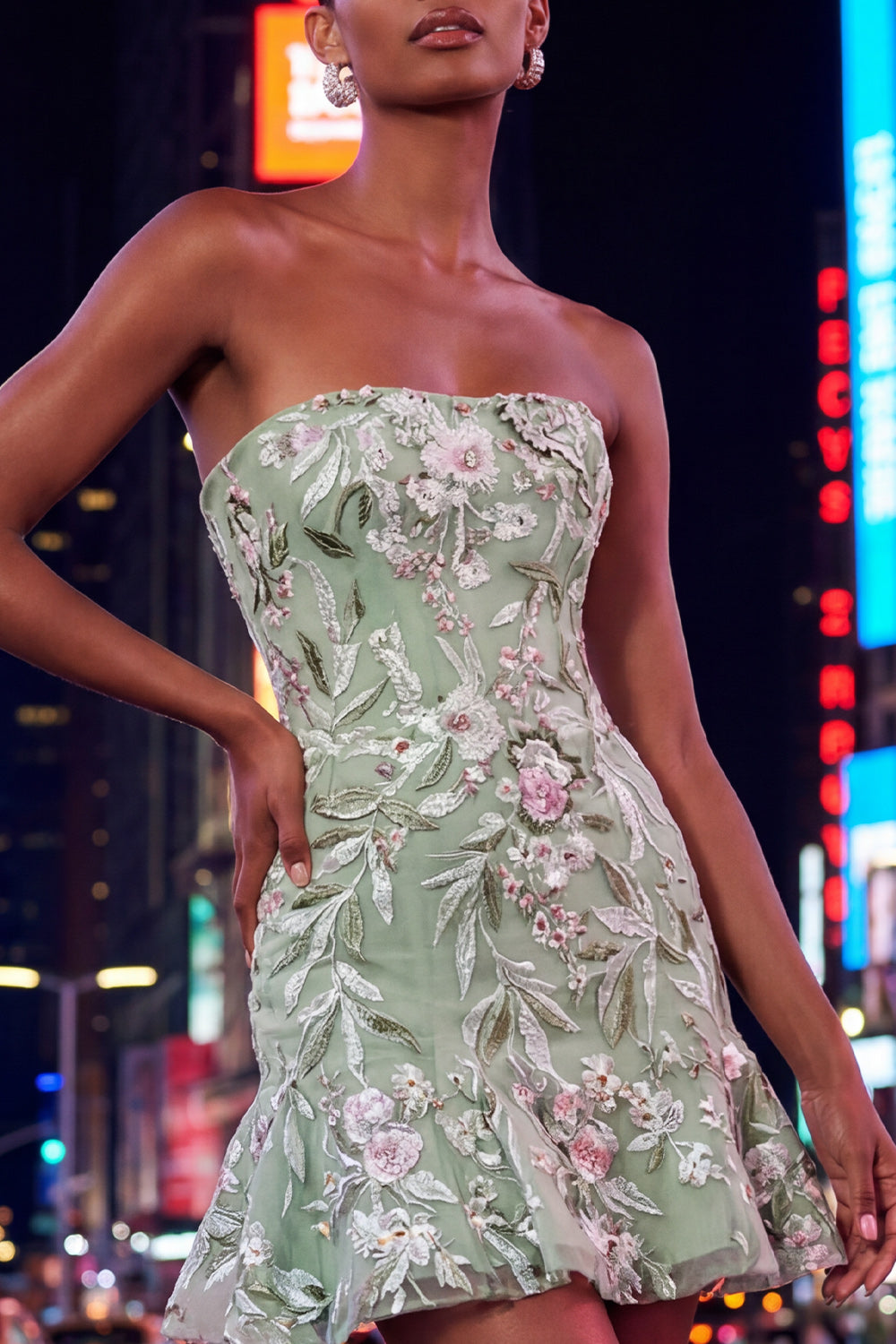 Sage Green Floral Short Strapless Homecoming Dress with Ruffles