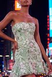 Sage Green Floral Short Strapless Homecoming Dress with Ruffles