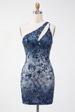 Sparkly Navy Tight Short Beaded Floral Keyhole Homecoming Dress