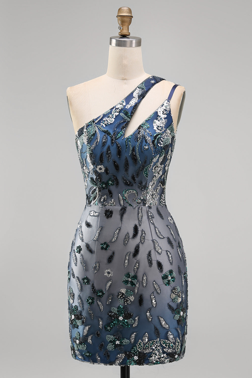 Sparkly Navy Tight Short Beaded Floral Keyhole Homecoming Dress