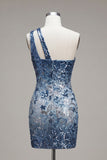 Sparkly Navy Tight Short Beaded Floral Keyhole Homecoming Dress