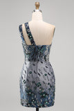 Sparkly Navy Tight Short Beaded Floral Keyhole Homecoming Dress