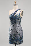 Sparkly Navy Tight Short Beaded Floral Keyhole Homecoming Dress