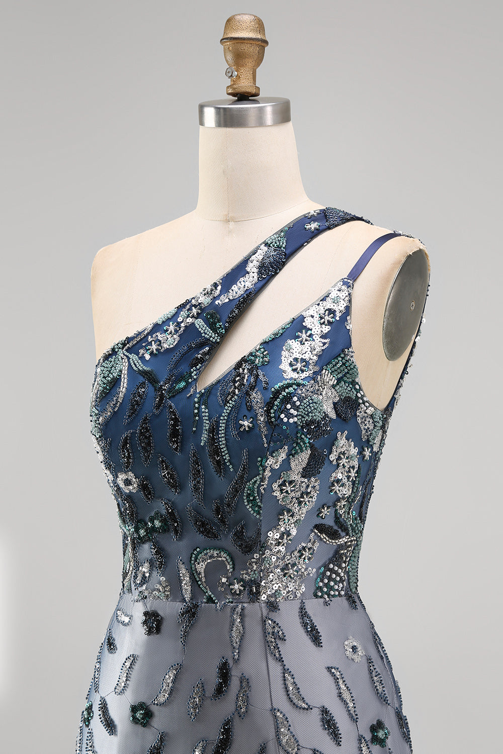 Sparkly Navy Tight Short Beaded Floral Keyhole Homecoming Dress