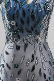Sparkly Navy Tight Short Beaded Floral Keyhole Homecoming Dress