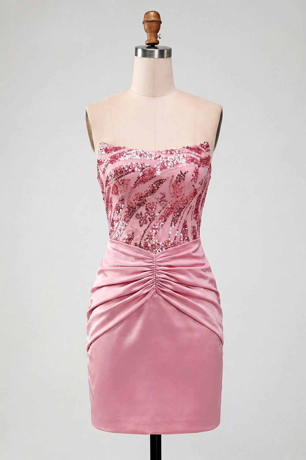Sparkly Pink Tight Short Strapless Sequin Ruched Homecoming Dress