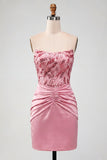 Sparkly Pink Tight Short Strapless Sequin Ruched Homecoming Dress