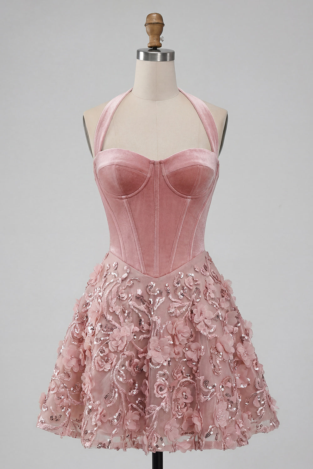 Sparkly Pink Velvet Short Halter Floral Corset A Line Homecoming Dress