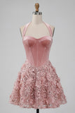Sparkly Pink Velvet Short Halter Floral Corset A Line Homecoming Dress