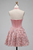 Sparkly Pink Velvet Short Halter Floral Corset A Line Homecoming Dress