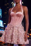 Sparkly Pink Velvet Short Halter Floral Corset A Line Homecoming Dress