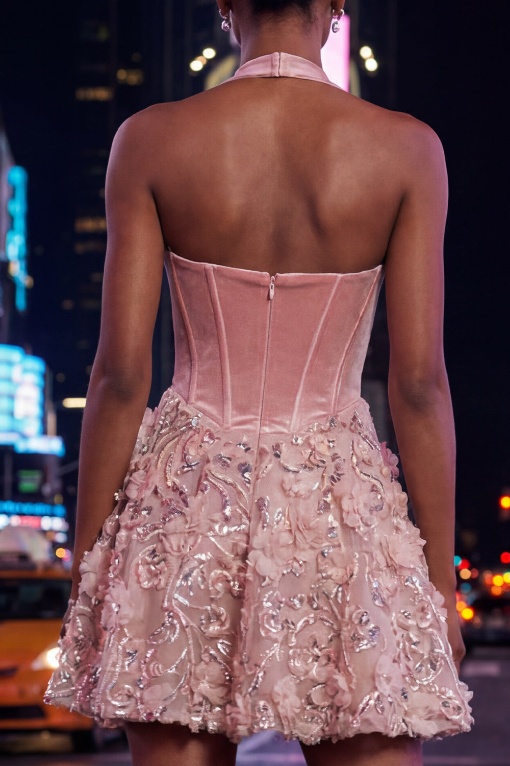 Sparkly Pink Velvet Short Halter Floral Corset A Line Homecoming Dress