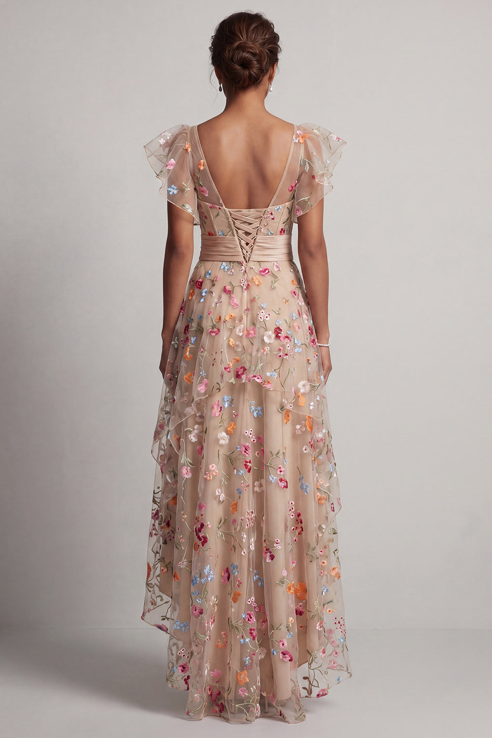 Floral Champagne High Low Corset A Line Mother of the Bride Dress with Ruffles