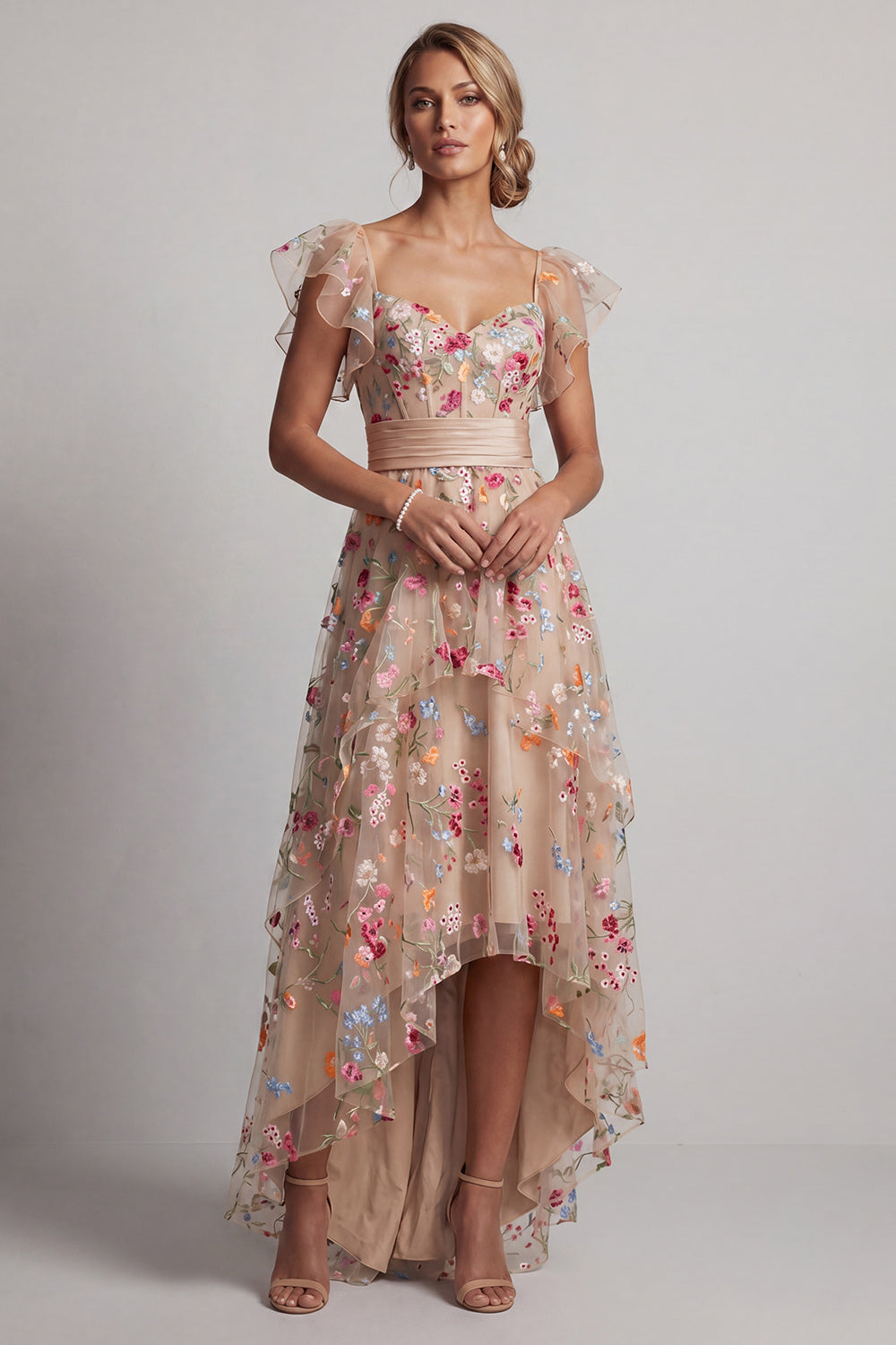 Floral Champagne High Low Corset A Line Mother of the Bride Dress with Ruffles