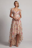 Floral Champagne High Low Corset A Line Mother of the Bride Dress with Ruffles