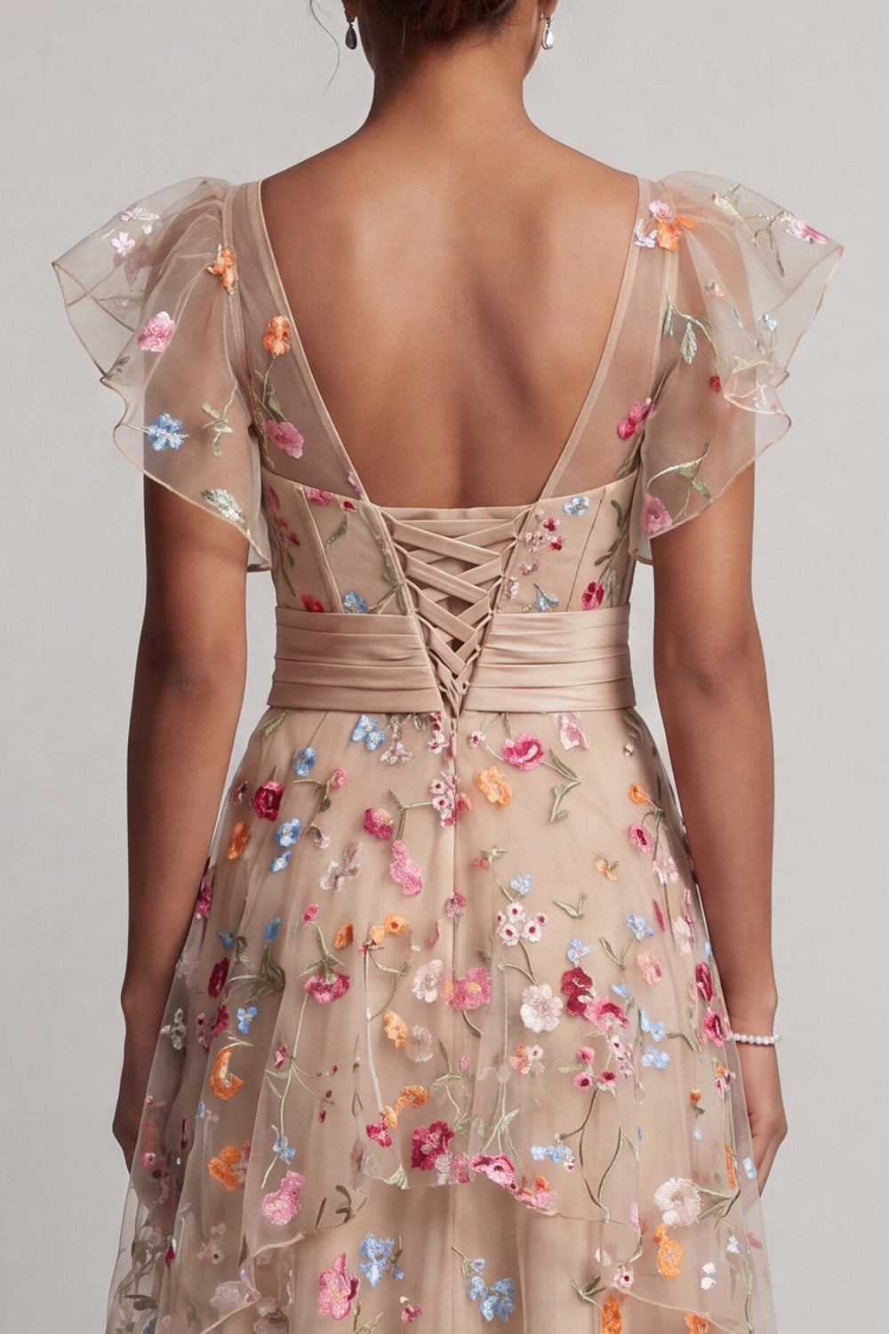 Floral Champagne High Low Corset A Line Mother of the Bride Dress with Ruffles