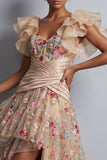 Champagne High Low Floral Corset A Line Ruched Mother of the Bride Dress with Ruffles