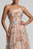 Strapless Floral Champagne Long Corset A Line Mother of the Bride Dress with Ruffles