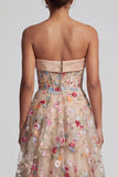 Strapless Floral Champagne Long Corset A Line Mother of the Bride Dress with Ruffles