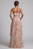 Ruffled Floral Champagne Long Corset A Line Mother of the Bride Dress with Pockets